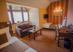 Wnętrze sypialni – dwa łóżka, beżowa sofa, na ścianie zdjęcie. Mały stoliczek z kwiatkami i proste biureczko z krzesłem. Nad łóżkiem telewizor; duże okno.