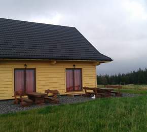 Widok zewnętrzny domku - drewniany, niewielki obiekt, szary dach