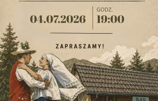 Muzyka Zapasiekami, para tańcząca przy drewnianym barze, kilka świerków