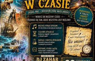Plakat imprezy „Podróż w Czasie” w Karczmie Kubalonka 1277 (Istebna) 28.11.2026 od 18:00. W tle zegary i maszyny. W programie muzyka DJ-a Zahara, atrakcje i napoje. Ceny: 350 zł (z noclegiem), 220 zł (bez). Tel: 605088405.