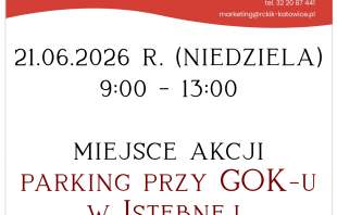 Biało-czerwony plakat informujący, że Akcja honorowego krwiodawstwa odbędzie się 21 czerwca 2026 r. (niedziela) w godz. 9:00–13:00 na parkingu przy Gminnym Ośrodku Kultury w Istebnej. Organizator: Regionalne Centrum Krwiodawstwa i Krwiolecznictwa w Katowi