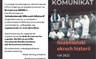 Baner informujący o konferencji organizowanej w ramach obchodów 400 lat Istebnej wraz ze starym zdjęciem górali istebniańskich.