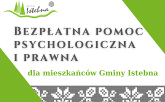 Baner informacyjny, na którym jest napisane bezpłatna pomoc psychologiczna i prawna dla mieszkańców Gminy Istebna