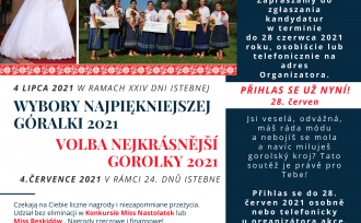 Plakat informujący o naborze kandydatek do konkursu na Najpiękniejszą Góralkę 2021; zdjęcia z poprzednich edycji konkursu