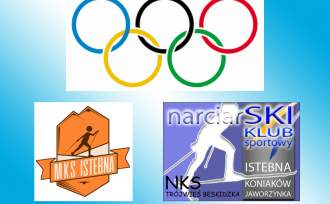 Baner: koła olimpijskie, loga MKS Istebna i NKS Trójwieś Beskidzka