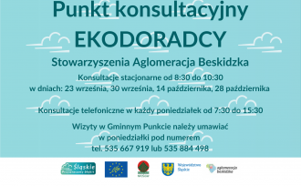 Punkt konsultacyjny plakat informujący o godzinach otwarcia.