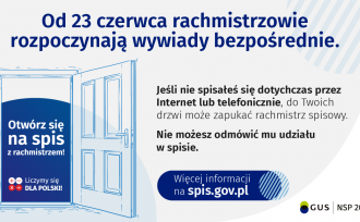 Plakat z informacją o tym, że od 23 czerwca rachmistrzowie rozpoczynają wywiady bezpośrednie.