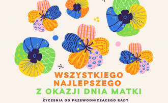 Plakat z życzeniami na dzień Matki; na plakacie kolorowe kwiatki