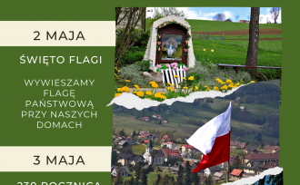 Plakat na Majówkę 2021; zaproszenie do odwiedzania ciekawych miejsc, 2 maja wywieśmy flagę, a 3 maja uczcijmy rocznicę uchwalenia konstytucji; zdjęcia kapliczki, flagi i rowerzysty