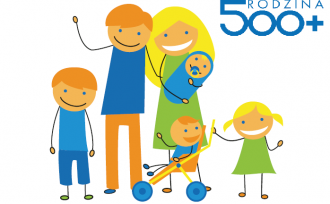 Grafika przedstawiająca sześcioosobową rodzinę i napis Rodzina 500+