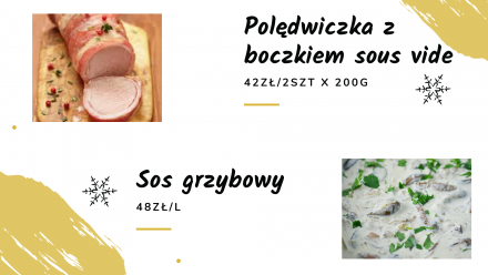 Dwór Kukuczka; polędwiczka z boczkiem sous vide 42 zł za 2 sztuki; sos grzybowy 48 zł za 1 l