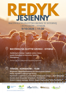 Plakat informuje o Redyku Jesiennym, który odbędzie się 9.10.2026 r. o godz. 11:30. W programie: przejście owiec z Bacówki na Złotym Groniu na Tyniok w Koniakowie (11:30), modlitwa, pokaz wyrobu buncu oraz występy zespołów (15:00). Tło: stado owiec.