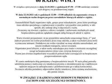 Plakat informujący o czasowym zamknięciu drogi w dniu 23.10.2021 na trasie Koniaków - Rastoka - Istebna