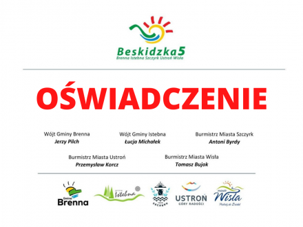 Oświadczenie; logotypy Beskidzkiej 5 i wchodzących w jej skład miast i gmin oraz imiona i nazwiska burmistrzów i wójtów