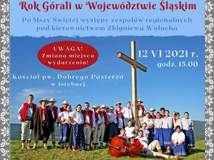 Plakat wydarzenia ze zdjęciem zespołu góralskiego przy krzyżu