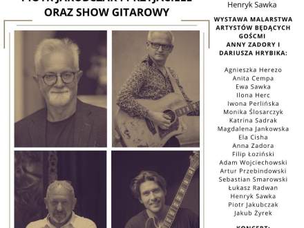 Plakat Beskidzkich Biesiad Kulturalnych ze zdjęciami czterech portretów artystów w odcieniach sepii. Informuje o wydarzeniu „Piotr Jakubczak i Przyjaciele” oraz zawiera program wydarzenia przedstawiony w ogłoszeniu