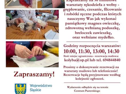 Plakat wydarzenia Jarmark Pasterski w Koniakowie (15.08.2026 r.) zaprasza na 90-minutowe warsztaty obróbki wełny (godz. 10:00, 11:30, 13:00, 14:30). Miejsce: Centrum Pasterskie, Szańce 33. Obowiązuje rezerwacja: kolyba@op.pl lub tel. 694844840.