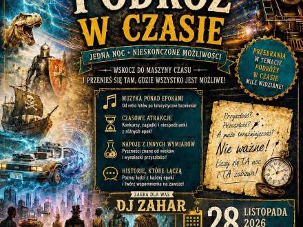 Plakat imprezy „Podróż w Czasie” w Karczmie Kubalonka 1277 (Istebna) 28.11.2026 od 18:00. W tle zegary i maszyny. W programie muzyka DJ-a Zahara, atrakcje i napoje. Ceny: 350 zł (z noclegiem), 220 zł (bez). Tel: 605088405.