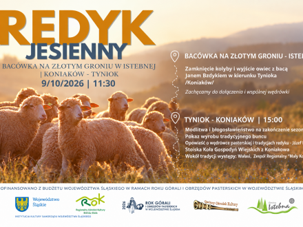 Plakat informuje o Redyku Jesiennym, który odbędzie się 9.10.2026 r. o godz. 11:30. W programie: przejście owiec z Bacówki na Złotym Groniu na Tyniok w Koniakowie (11:30), modlitwa, pokaz wyrobu buncu oraz występy zespołów (15:00). Tło: stado owiec.