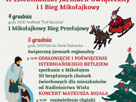 Plakat wydarzenia z grafiką świąteczną: św. Rodzina, św. Mikołaj, renifery, choinka, ostrokrzew