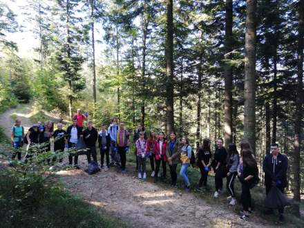 Młodzież z klasy 1a LO w Wiśle na górski szlaku w otoczeniu lasu iglastego