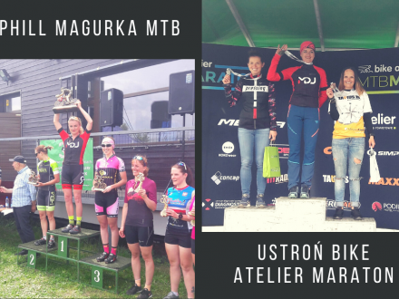 Anna Kaczmarzyk na podium - dwa połączone zdjęcia Uphill Magurka MTB i Ustroń Bike Atelier Maraton