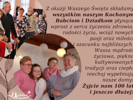 Grafika z życzeniami oraz zdjęciami babci, dziadka i wnuków