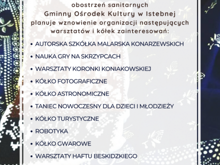 Plakat zawierający ofertę warsztatów w tle modrzeniec