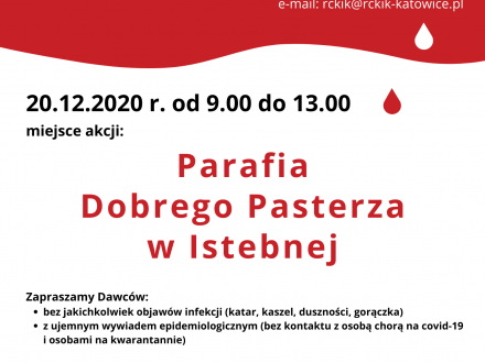 Plakat zawierający informacje o akcji oraz logotypy Bliscy Krewni i Regionalnego Centrum Krwiodawstwa i Krwiolecznictwa w Katowicach