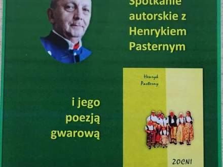 Plakat wydarzenia z okładką książki i zdjęciem autora