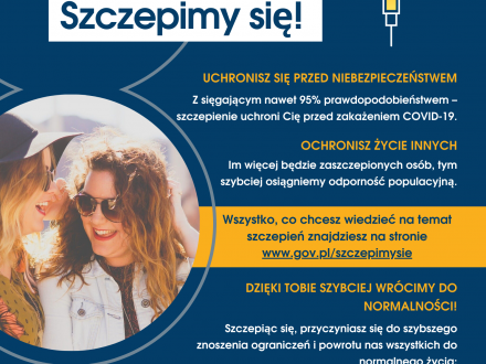 Plakat zawierający informacje na temat korzyści wynikających ze szczepienia się przeciwko COVID-19