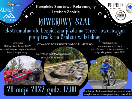 Plakat ze zdjęciem toru, rowerzystą i autem GOPR oraz programem wydarzenia