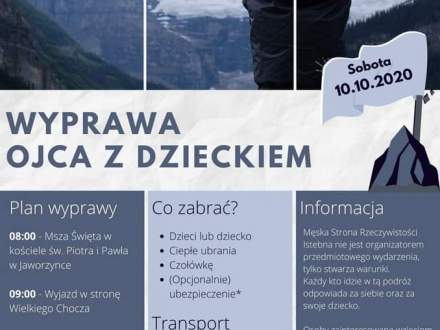 Plakat wyprawy, na nim informacje zawarte w tekście oraz zdjęcie ojca z dzieckiem