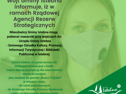 Informacja o maseczkach otrzymanych z Rządowej Agencji Rezerw Strategicznych, które można pobrać w UG Istebna i GOK-u. Na zdjęciu pani w maseczce.