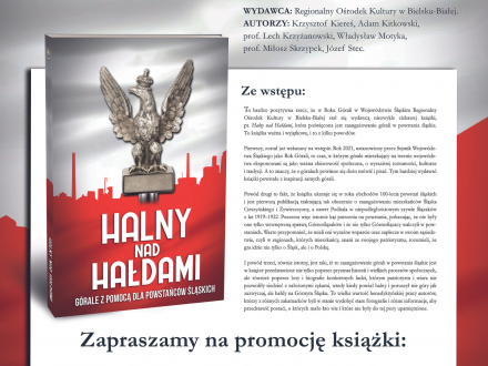 Plakat wydarzenia z okładką książki, kolory czerwień i biel