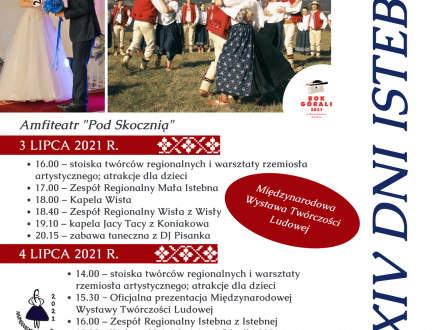 Plakat z programem, logami i ze zdjęciami górali i zespołów zapraszający na XXIV DNI ISTEBNEJ w dniach 3 i 4 lipca 2021 roku