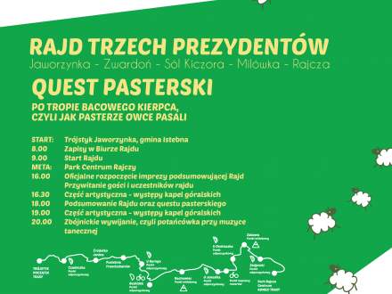 Plakat z programem wydarzenia - żółte napisy, białe i zielone tło