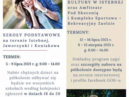 Plakat z informacją o półkoloniach w gminie Istebna latem 2021 roku