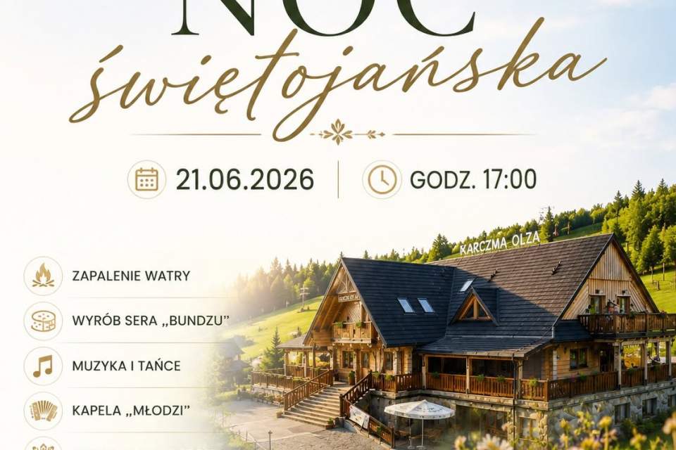 Plakat zawierający informacje o wydarzeniu. Zdjęcie drewnianej karczmy, wianek kwiatów, słoneczny krajobraz.