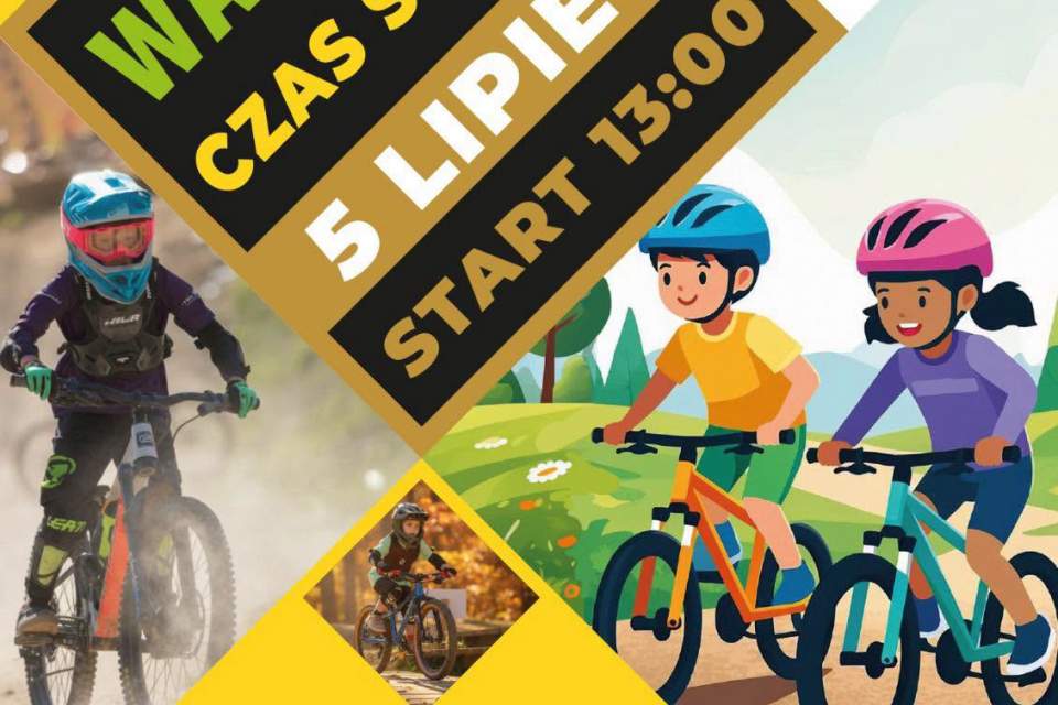 Plakat promujący wydarzenie rowerowe „Wakacje. Czas start! – 5 lipiec, start 13:00” w ośrodku Ski & Bike Złoty Groń. Na grafice znajdują się zdjęcie dziecka na rowerze górskim oraz ilustracja dwójki dzieci jadących na rowerach. W dolnej części podano kate