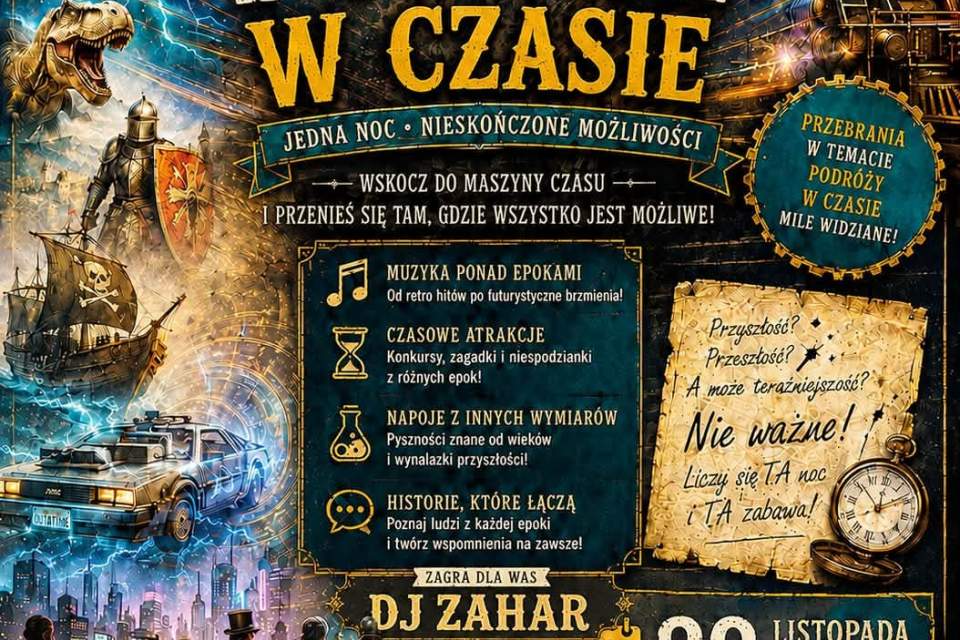 Plakat imprezy „Podróż w Czasie” w Karczmie Kubalonka 1277 (Istebna) 28.11.2026 od 18:00. W tle zegary i maszyny. W programie muzyka DJ-a Zahara, atrakcje i napoje. Ceny: 350 zł (z noclegiem), 220 zł (bez). Tel: 605088405.