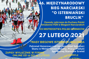 Biegacze narciarscy; logo biegu; 46. Międzynarodowy Bieg Narciarski „O Istebniański Bruclik”, 27 lutego 2021 Trasy Narciarstwa Biegowego Istebna Kubalonka; zapisy online 12 – 24 lutego