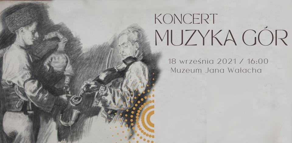 Koncert Muzyka Gór; grafika z gadoszem i skrzypkiem z obrazu Jana Wałacha