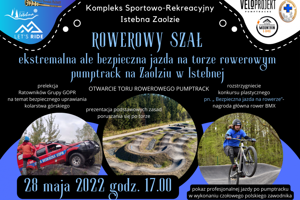 Plakat ze zdjęciem toru, rowerzystą i autem GOPR oraz programem wydarzenia