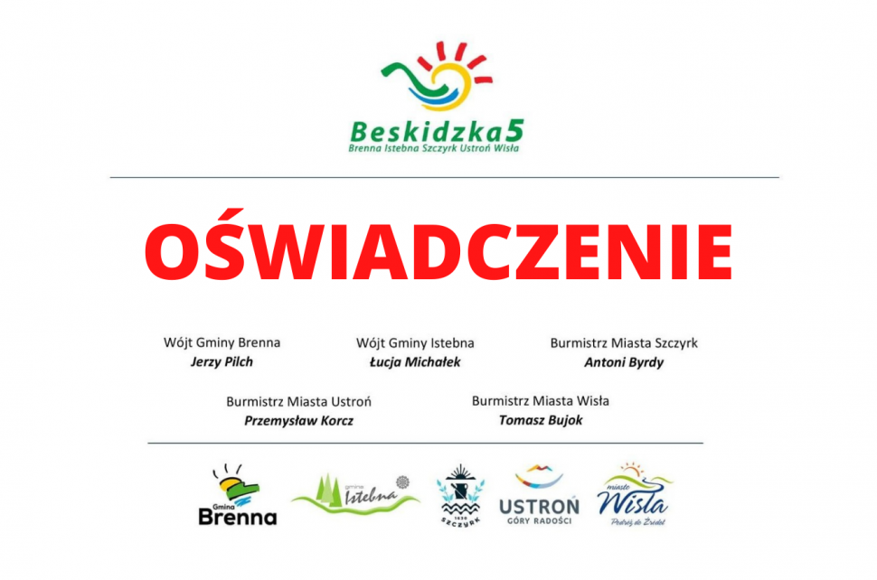 Oświadczenie; logotypy Beskidzkiej 5 i wchodzących w jej skład miast i gmin oraz imiona i nazwiska burmistrzów i wójtów