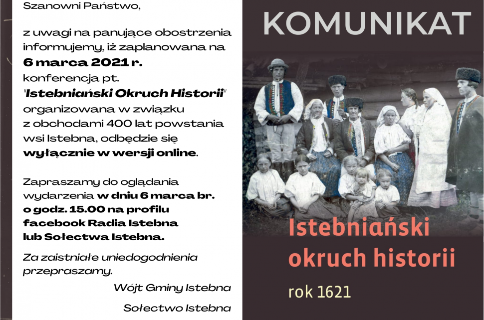 Baner informujący o konferencji organizowanej w ramach obchodów 400 lat Istebnej wraz ze starym zdjęciem górali istebniańskich.