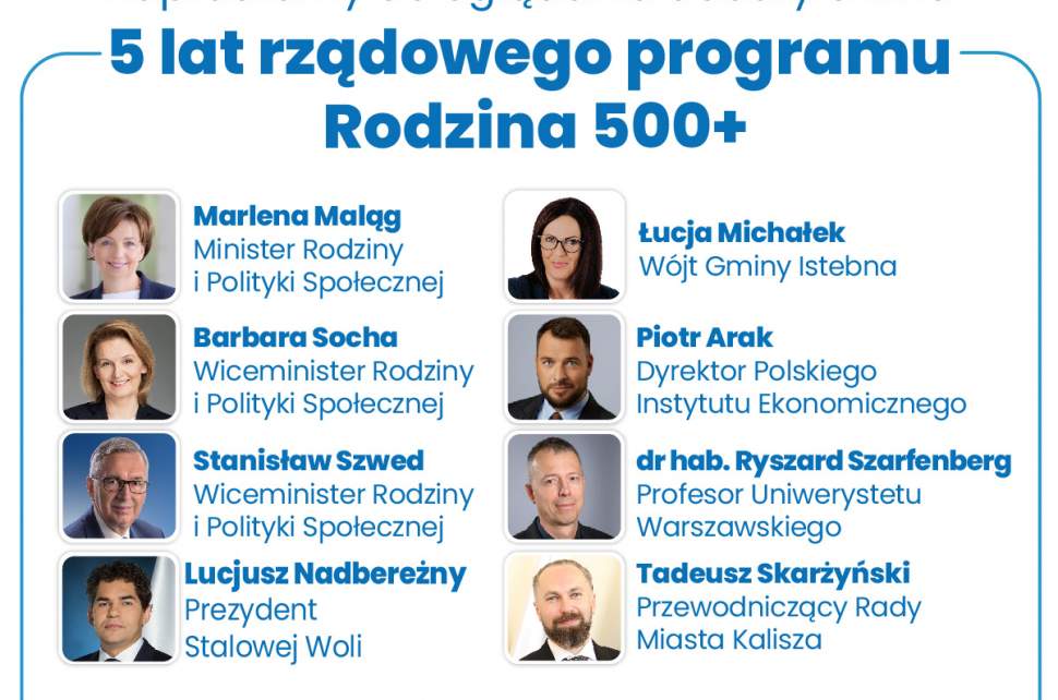 Plakat informujący o debacie online w ramach rządowego programu Rodzina 500+; na zdjęciach uczestnicy panelu, a wśród nich wójt gminy Istebna; debata 30.03.2021 g.12.00