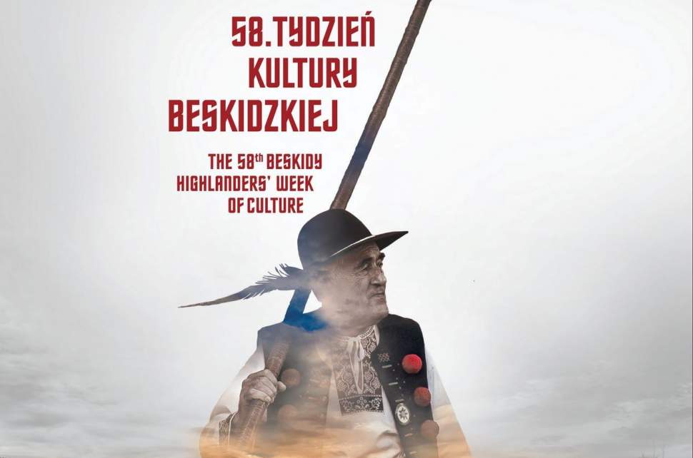 Banerek z góralem beskidzkim informujący o odbywającym się Tygodniu Kultury Beskidzkiej w dniach 24 lipca do 1 sierpnia 2021 roku.