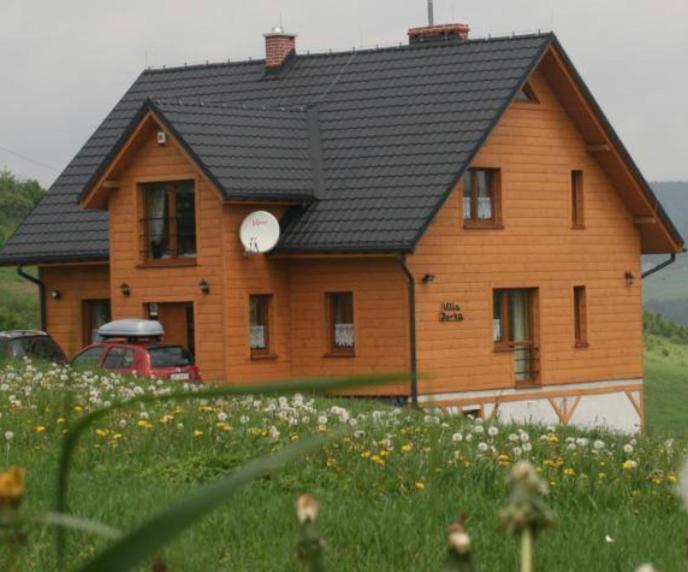 Widok zewnętrzny drewnianego domu z szarym dachem