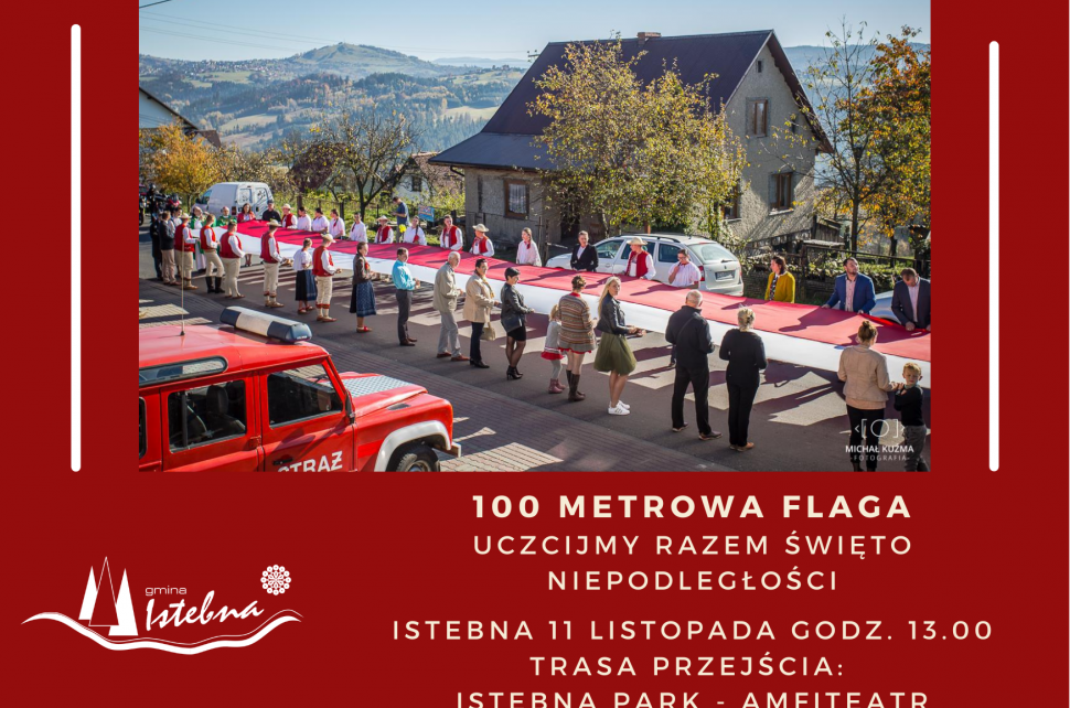 Baner ze zdjęciem rozciągniętej flagi i zaproszeniem na obchody Święta Niepodległości